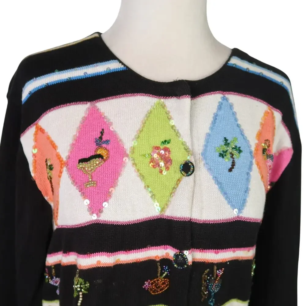 Vintage 90s Just B Black Diamond Cocktail Drink Beaded Cardigan Sweater L